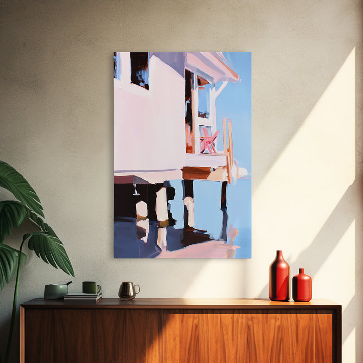 Coastal House, Seaside Home, Beachfront Art, Framed Canvas Print, Modern Coastal Art, Living Room Wall Art, Ocean Painting