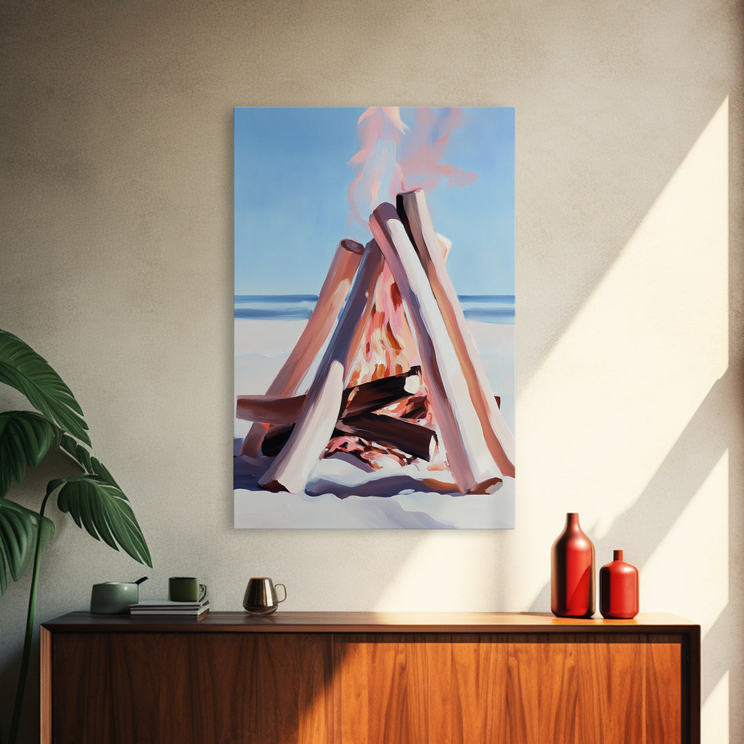 Beach Bonfire, Coastal Art, Ocean Sunset, Warm Minimalist, Canvas Print, Coastal Home Decor, Relaxing Wall Art, Boho Aesthetic