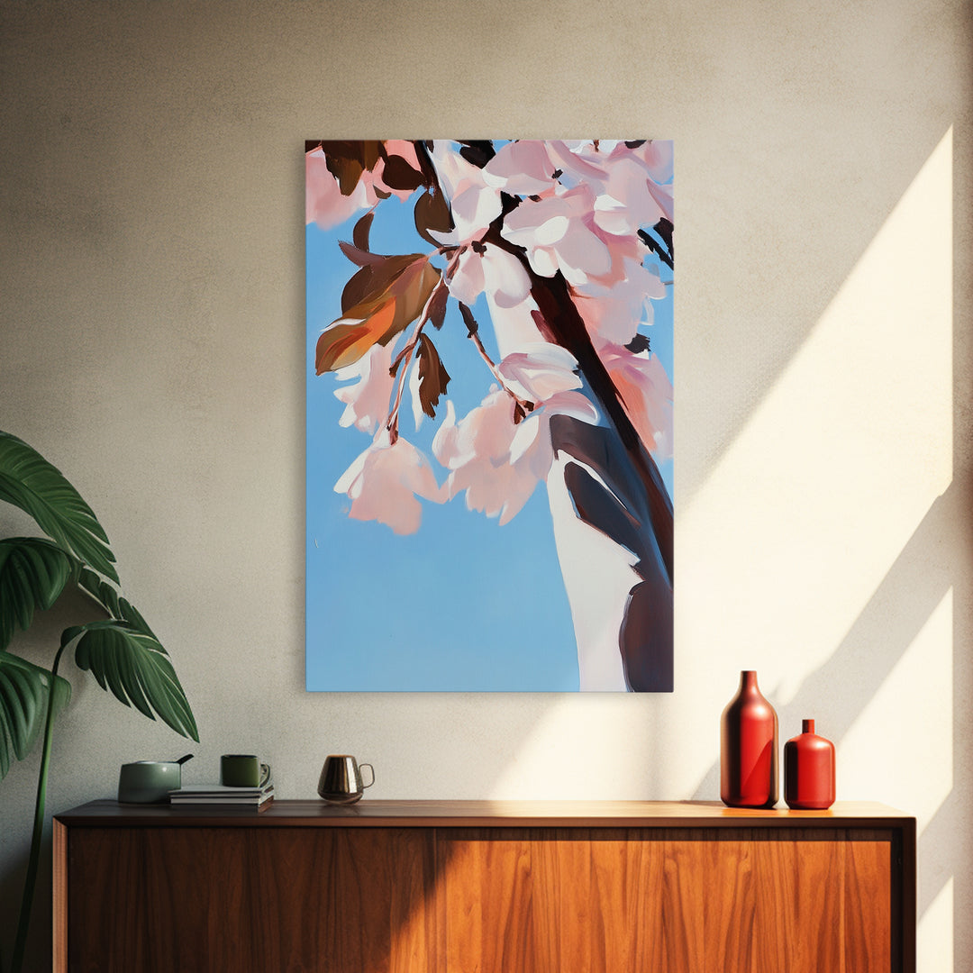 Cherry Blossom, Blue Sky, Framed Canvas Print, Spring Wall Art, Floral Painting, Pastel Decor, Nature Artwork, Bedroom Aesthetic