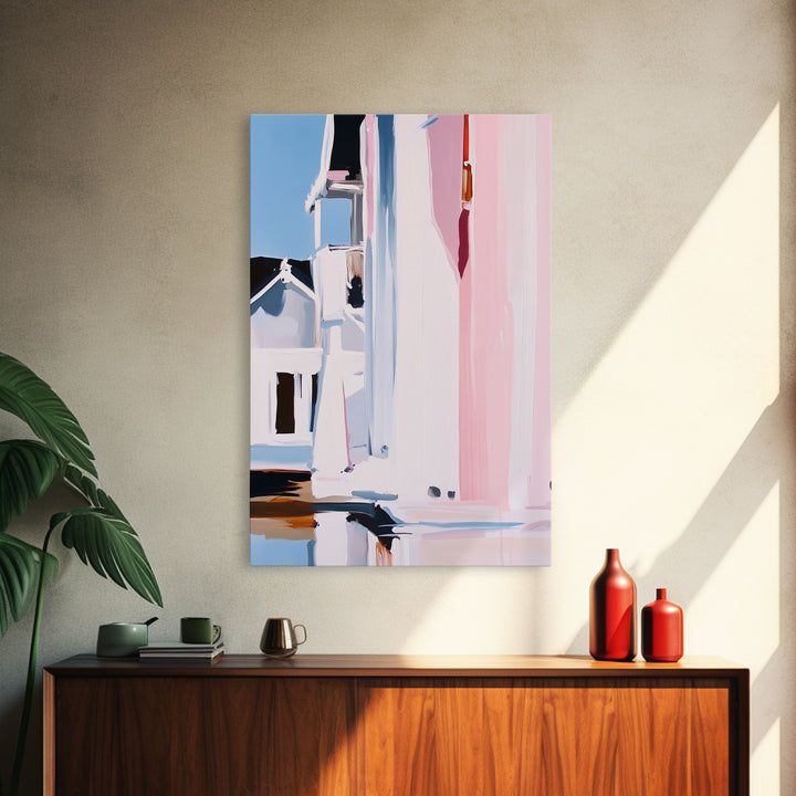 Pink Cityscape, Modern Architecture, Framed Canvas Print, Minimalist Wall Art, Soft Pastel Decor, Urban Home Design, Contemporary Aesthetic