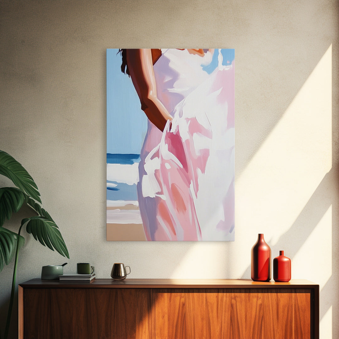 Beach, Dress, Breeze, Feminine, Canvas Print, Minimalist Art, Soft Pastel Art, Bedroom Wall Art, Aesthetic Home Decor, Coastal Wall Hanging