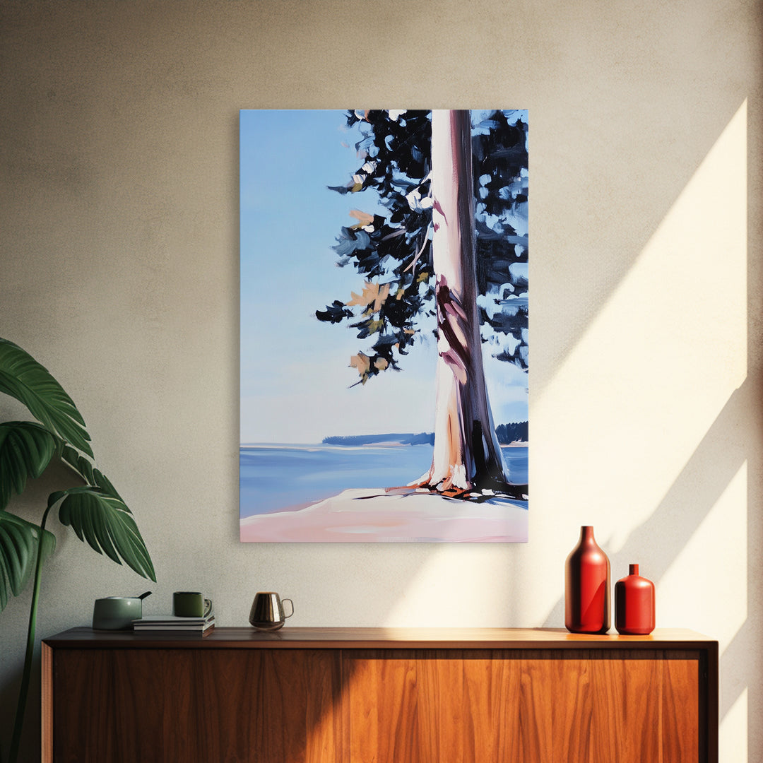 Coastal Tree, Lakeside Art, Tranquil Scene, Framed Canvas Print, Serene Nature Art, Minimalist Landscape, Living Room Wall Art