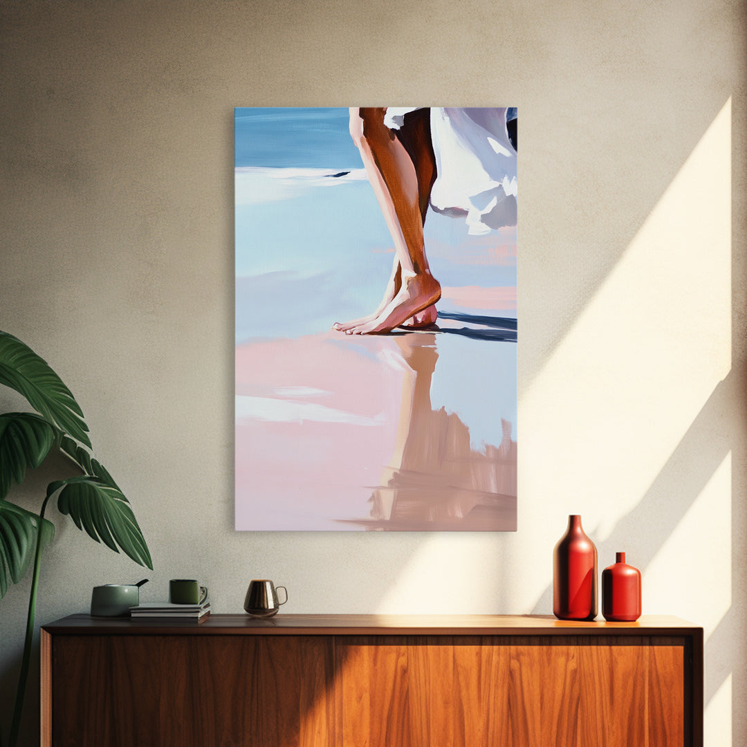 Barefoot Walk, Beach Reflection, Seaside Painting, Framed Canvas Print, Coastal Home Decor, Boho Art, Relaxing Bedroom Wall Art