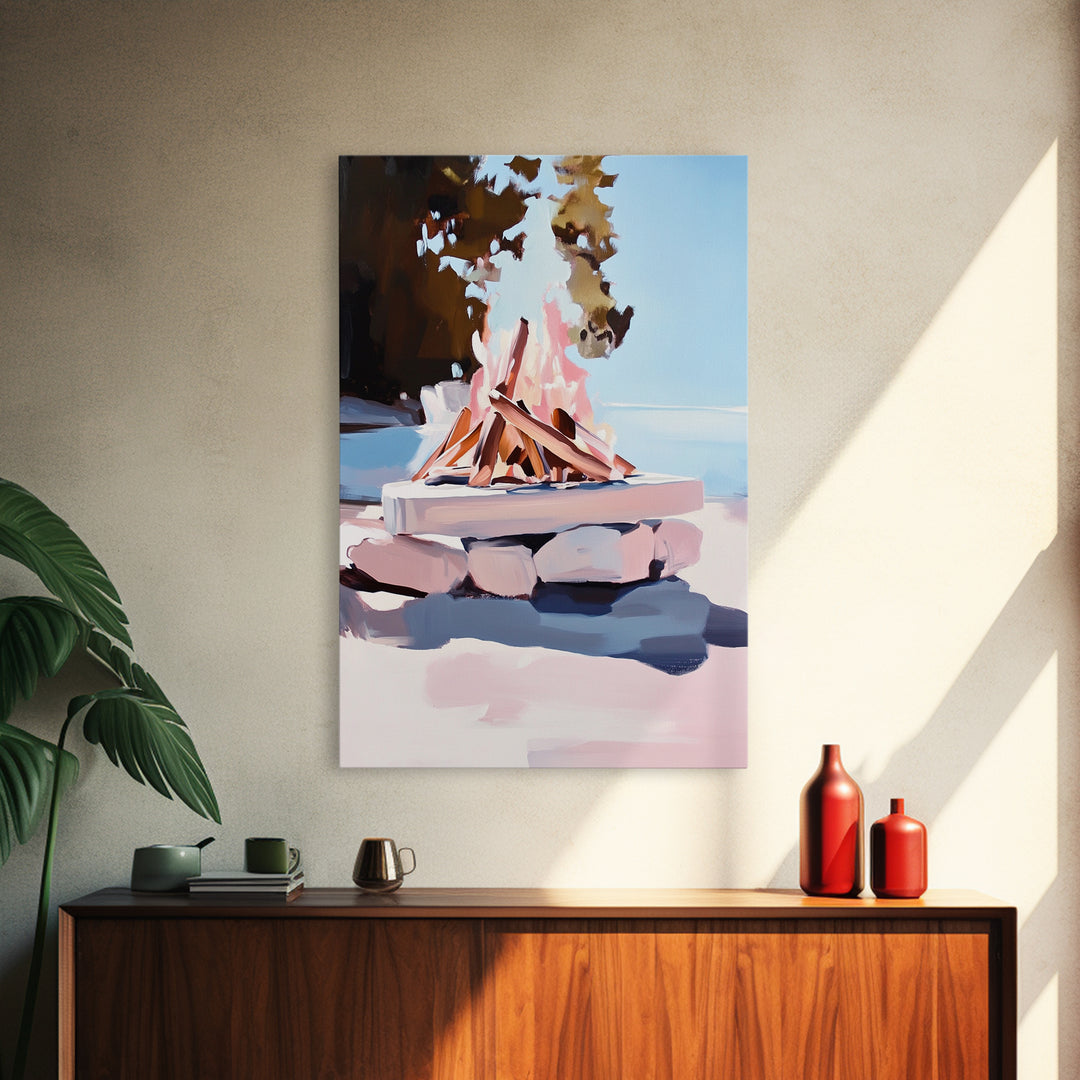 Campfire, Outdoor Retreat, Cozy Night, Framed Canvas Print, Cabin Decor, Rustic Wall Art, Autumn Home Art, Lodge Painting