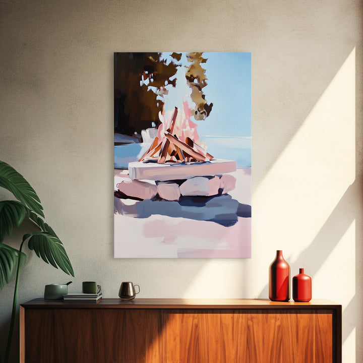 Campfire, Outdoor Retreat, Cozy Night, Framed Canvas Print, Cabin Decor, Rustic Wall Art, Autumn Home Art, Lodge Painting