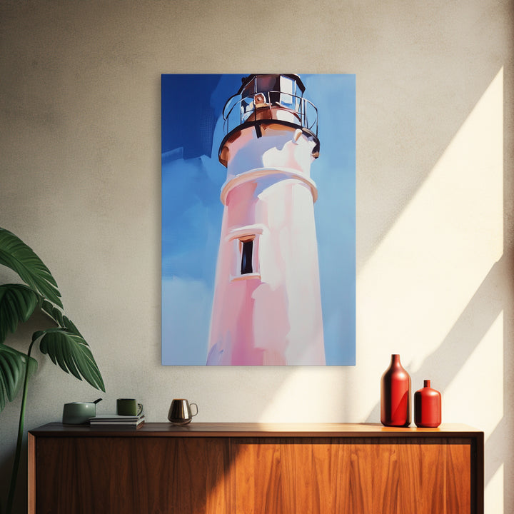 Coastal Lighthouse, Nautical Wall Art, Ocean Beach House, Framed Canvas Print, Minimalist Art, Living Room Wall Decor, Blue Sky