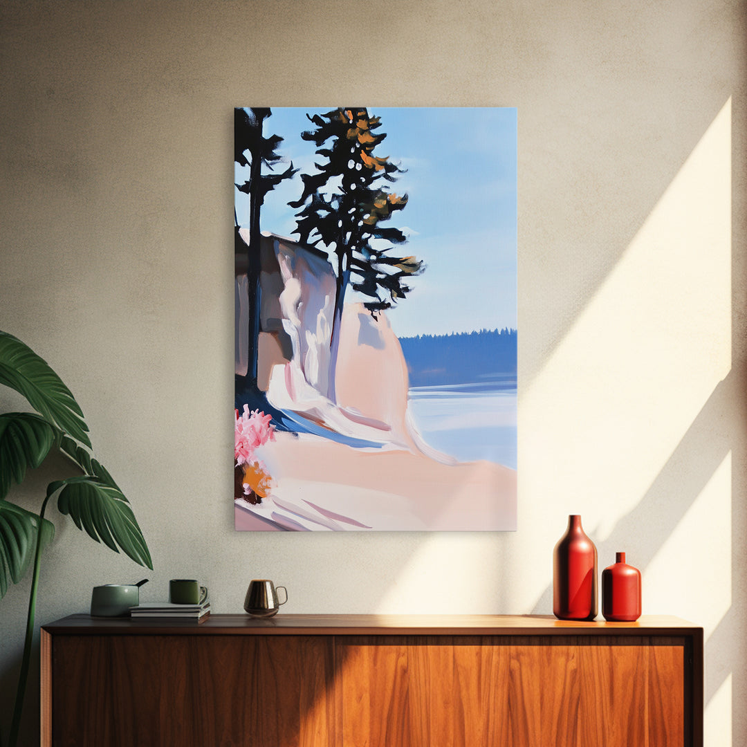 Cliffside View, Coastal Landscape Art, Ocean Breeze, Boho Wall Decor, Minimalist Painting, Relaxing Home Art, Framed Canvas Print, Scenic