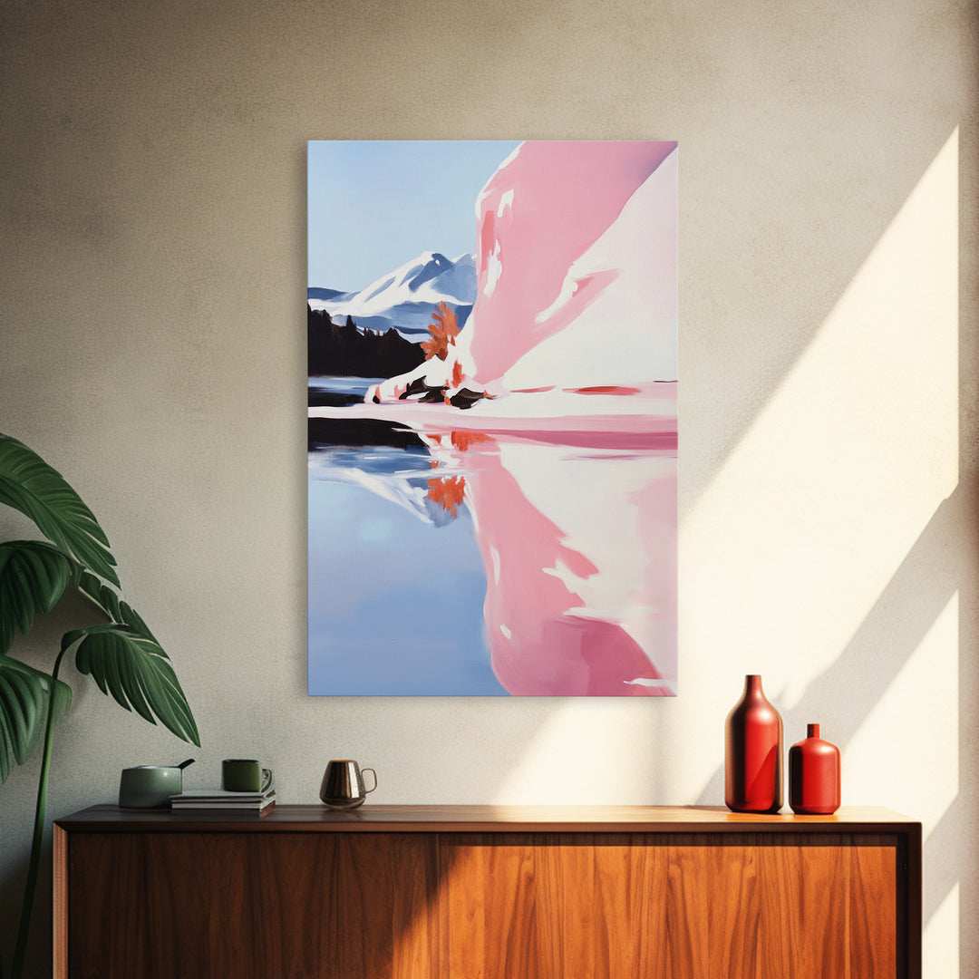 Mountain Lake Painting, Scenic Nature Art, Abstract Reflections, Framed Canvas Print, Boho Landscape, Bedroom Wall Art, Earthy Decor