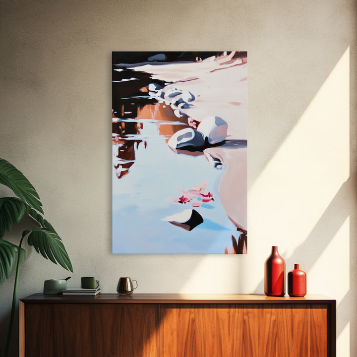 River Rock Art, Abstract Water Reflection, Serene Nature Print, Framed Canvas Print, Boho Landscape, Minimalist Decor, Living Room Art