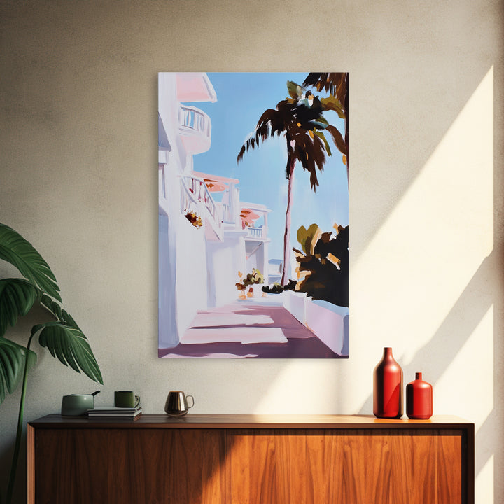 Tropical Balcony View, Palm Tree Painting, Coastal Boho Art, Framed Canvas Print, Mediterranean Aesthetic, Living Room Wall Art, Beach House Decor