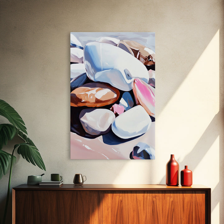 Pebble Beach, Coastal Rock Art, Natural Elements, Earthy Aesthetic, Minimalist Canvas Print, Zen Decor, Tranquil Living Room Art