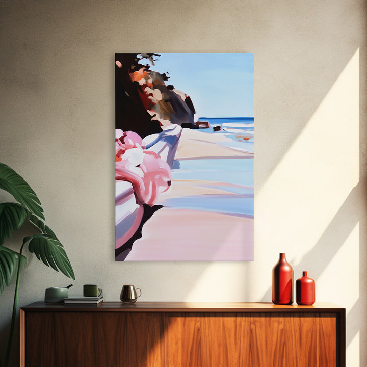 Ocean View, Coastal, Beach House, Serene, Dreamy, Pink Accents, Soft Hues, Summer, Relaxing, Minimalist, Boho, Canvas Print