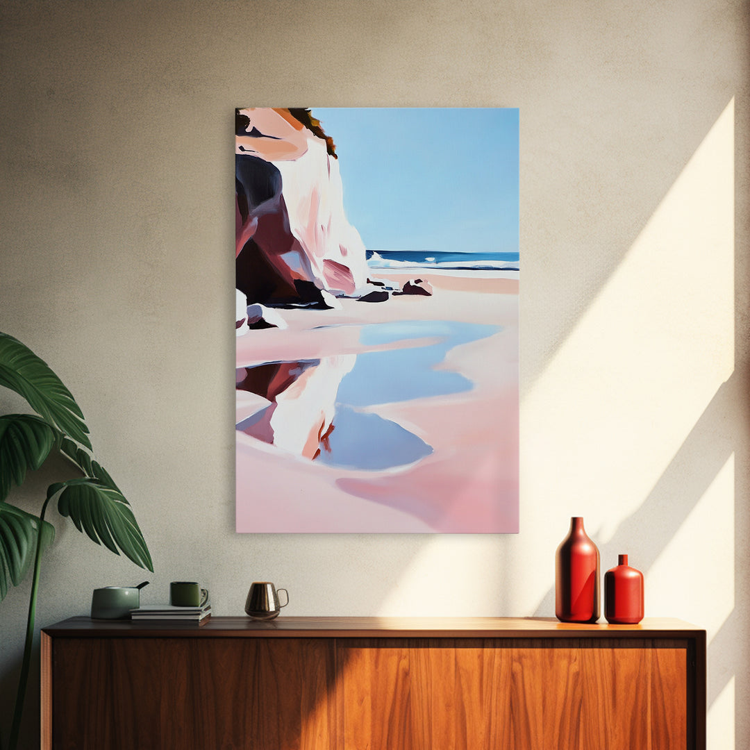 Cliffside Beach, Coastal Retreat, Relaxing Seascape, Ocean View, Soft Pastels, Tranquil Art, Summer Vibes, Framed Canvas Print