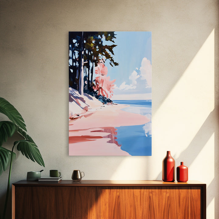 Pine Trees, Coastal Forest, Nature Escape, Lake View, Rustic Art, Peaceful Landscape, Blue and Green, Framed Canvas Print, Cabin Decor