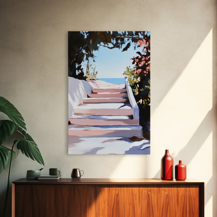 Beach Stairs, Seaside Getaway, Summer Vibes, Tropical Aesthetic, Warm Sunlight, Coastal Home Decor, Framed Canvas Print, Entryway