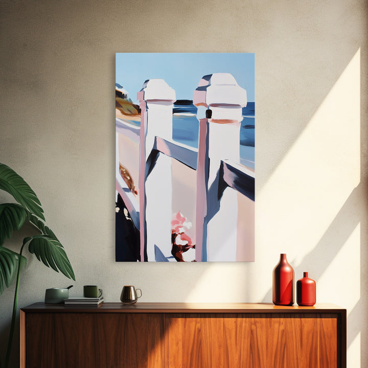 Coastal Railing, Seaside Escape, Nautical Aesthetic, Framed Canvas Print, Beach House Wall Art, Ocean View Decor, Minimalist Blue Art