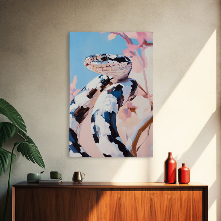 Black and White Snake, Nature Portrait, Wildlife Art, Framed Canvas Print, Jungle Theme Decor, Modern Animal Wall Art, Office Accent
