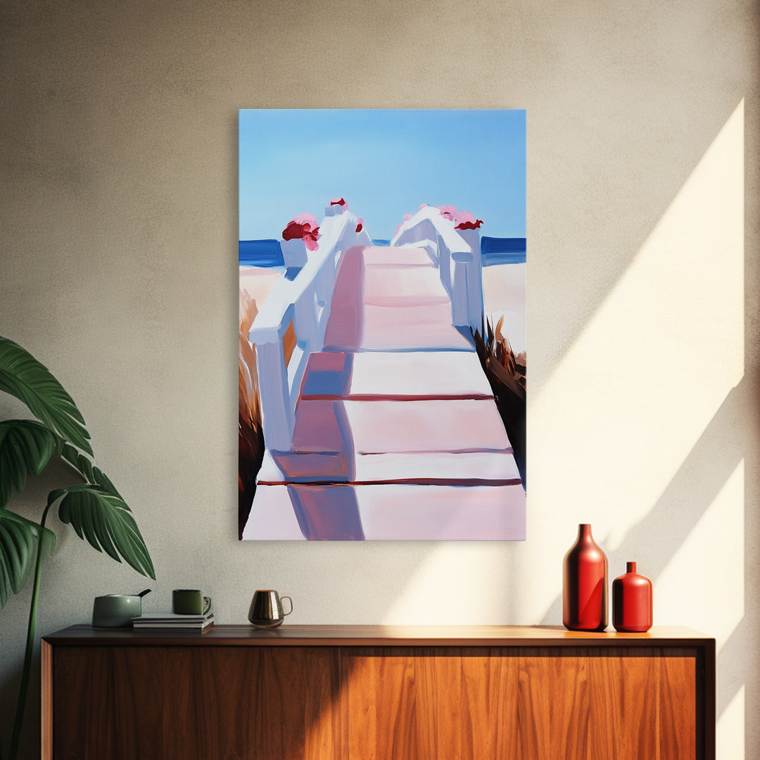 Boardwalk, Beach Print, Coastal Wall Art, Framed Canvas Print, Nautical Aesthetic, Minimalist Ocean Scene, Relaxing Artwork