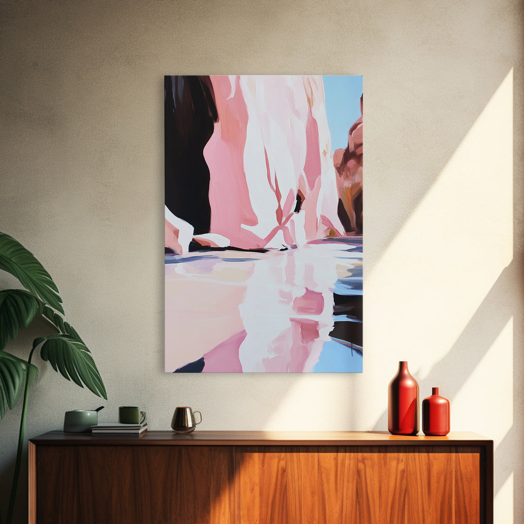 Cliffside Reflection, Coastal Wall Art, Beach House Decor, Blue and Pink Minimalist, Living Room Art, Framed Canvas Print