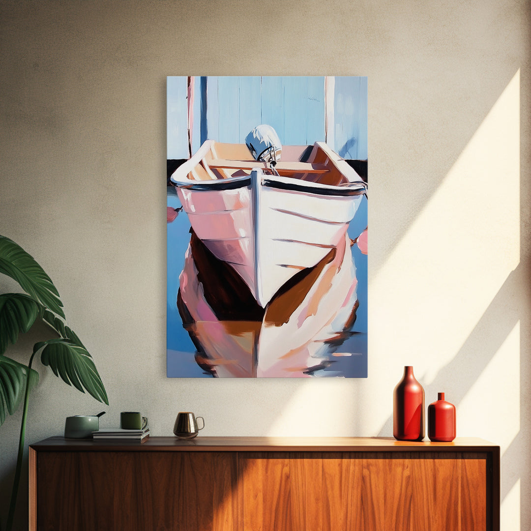 Rustic Boat, Nautical Wall Art, Coastal Home Decor, Seaside Aesthetic, Soft Pastels, Framed Canvas Print, Living Room