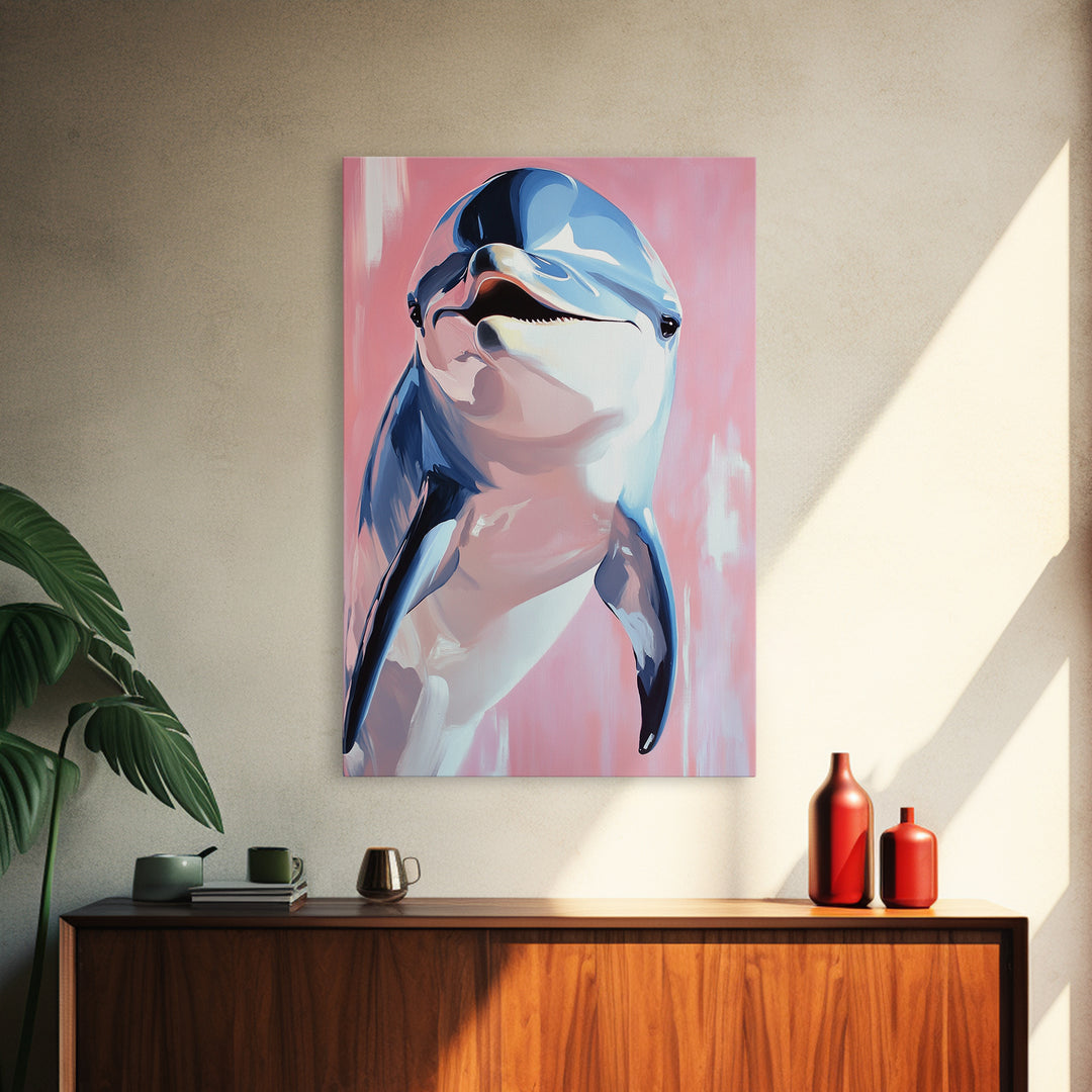 Dolphin Portrait, Ocean Animal Art, Beach House Wall Decor, Coastal Aesthetic, Nautical Art Print, Framed Canvas Print, Pastel Home Decor