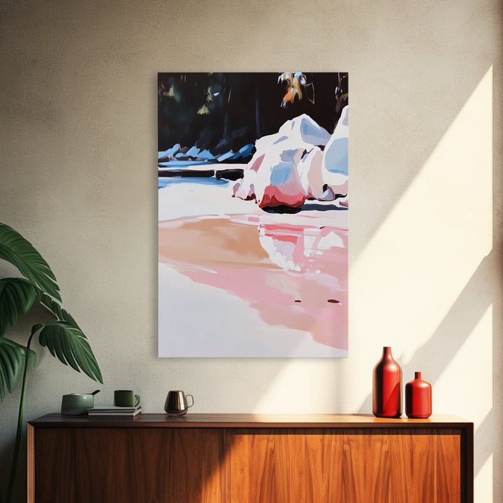 Rocky Shoreline, Water Reflections, Tranquil Landscape, Canvas Print, Nature Inspired Art, Modern Home Decor, Bedroom Wall Art