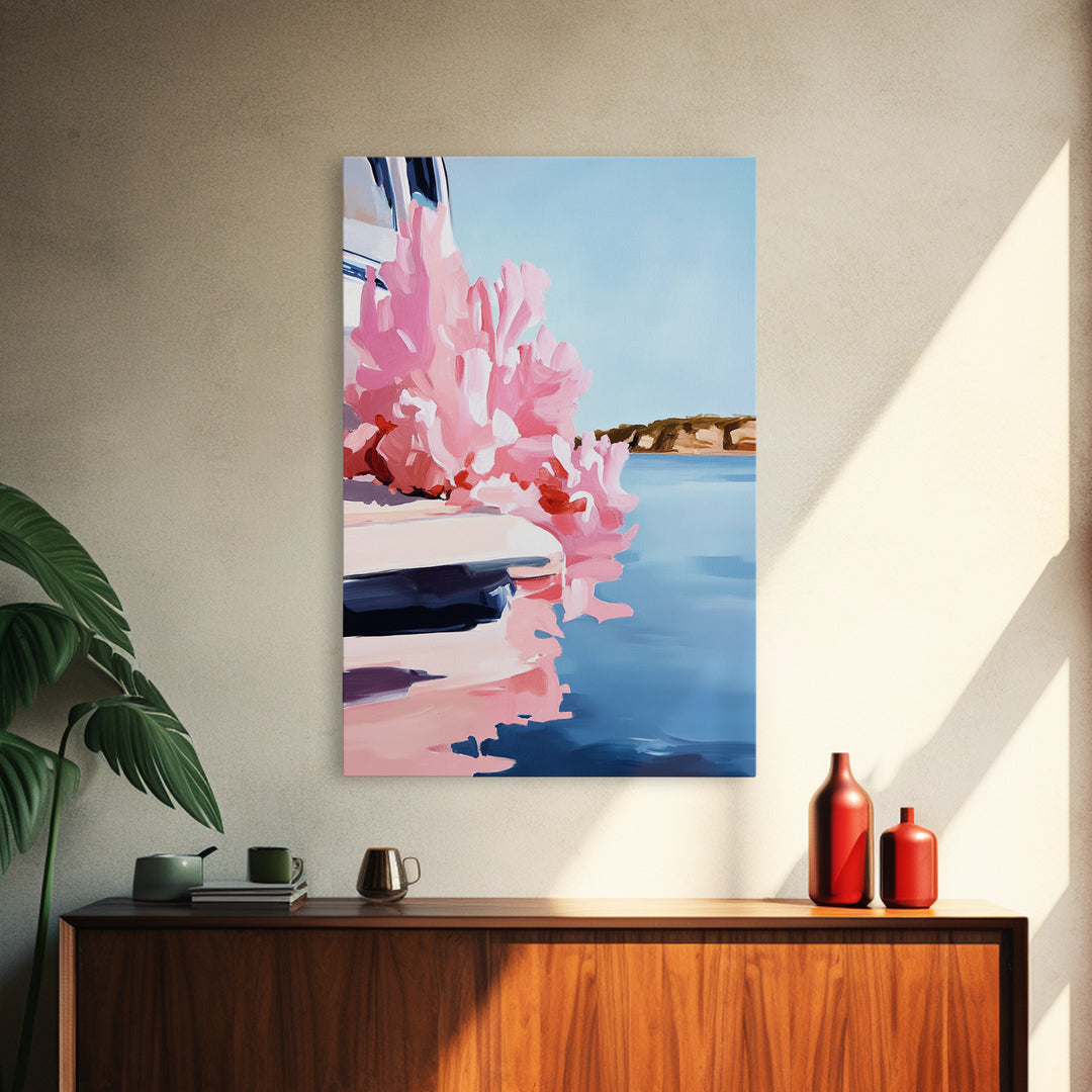 Boat Reflection, Nautical Wall Art, Ocean Painting, Framed Canvas Print, Coastal Living Decor, Modern Seascape, Beach House Artwork