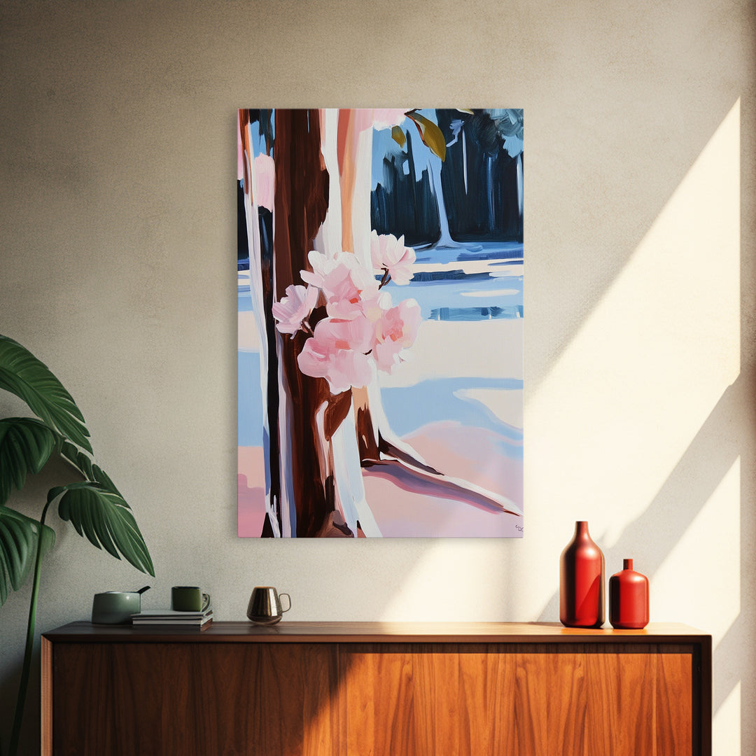 Cherry Blossoms, Winter Trees, Modern Nature Art, Seasonal Wall Art, Framed Canvas Print, Botanical Home Decor, Living Room Artwork