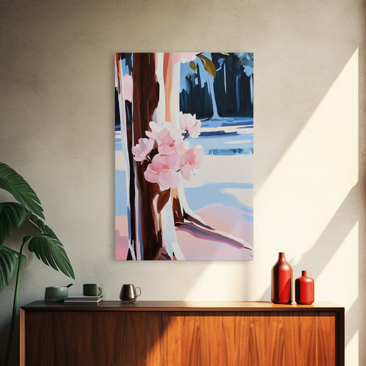Cherry Blossoms, Winter Trees, Modern Nature Art, Seasonal Wall Art, Framed Canvas Print, Botanical Home Decor, Living Room Artwork