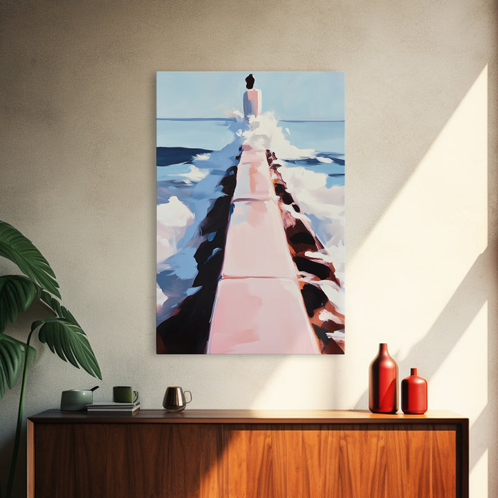 Ocean Walkway, Coastal Landscape, Serene Beach Wall Art, Relaxing Seascape Painting, Framed Canvas Print, Modern Minimalist Wall Art