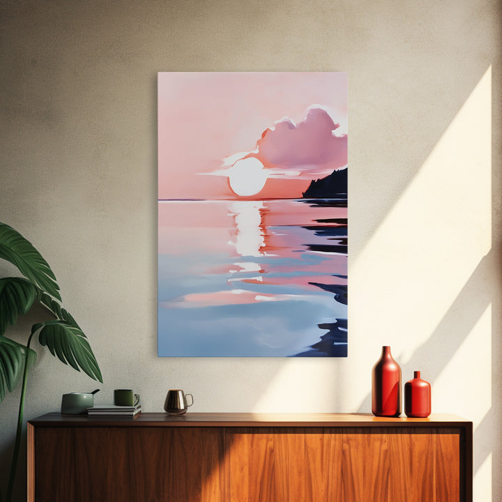 Ocean Sunset, Abstract Seascape Art, Framed Canvas Print, Beach House Wall Art, Modern Coastal Decor, Pink Sky Painting, Bedroom Artwork