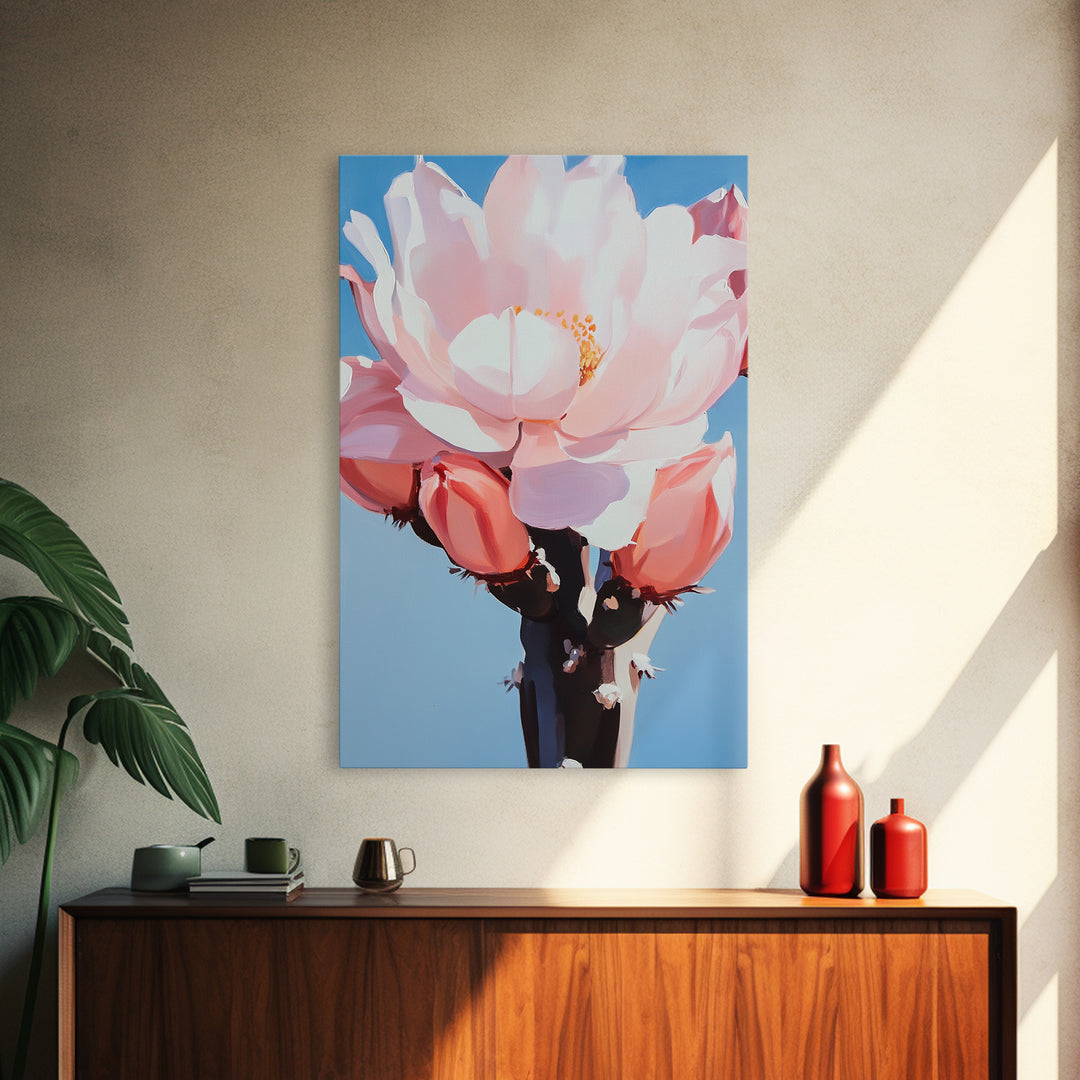 Blooming Cactus, Floral Desert Art, Southwestern Wall Decor, Minimalist Boho Painting, Framed Canvas Print, Pastel Botanical Wall Art