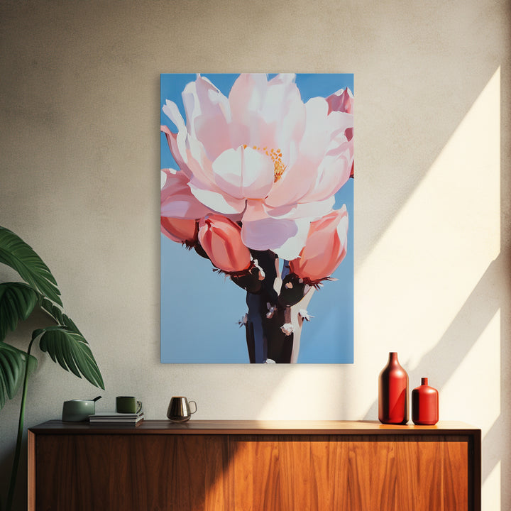 Blooming Cactus, Floral Desert Art, Southwestern Wall Decor, Minimalist Boho Painting, Framed Canvas Print, Pastel Botanical Wall Art
