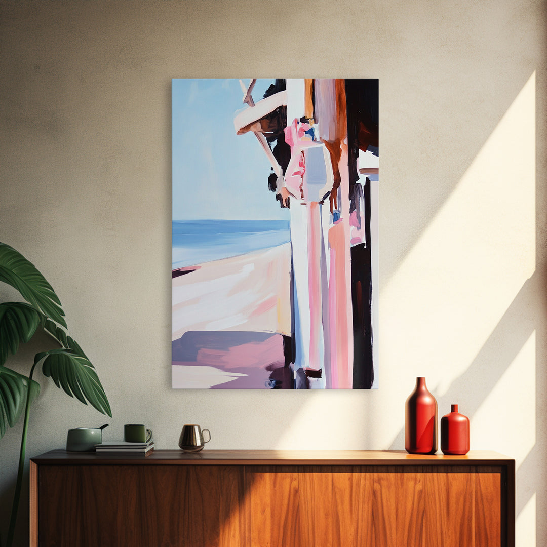 Beachside Figure, Coastal Minimalist Art, Abstract Summer Aesthetic, Tranquil Seaside Decor, Canvas Print, Framed Canvas Print