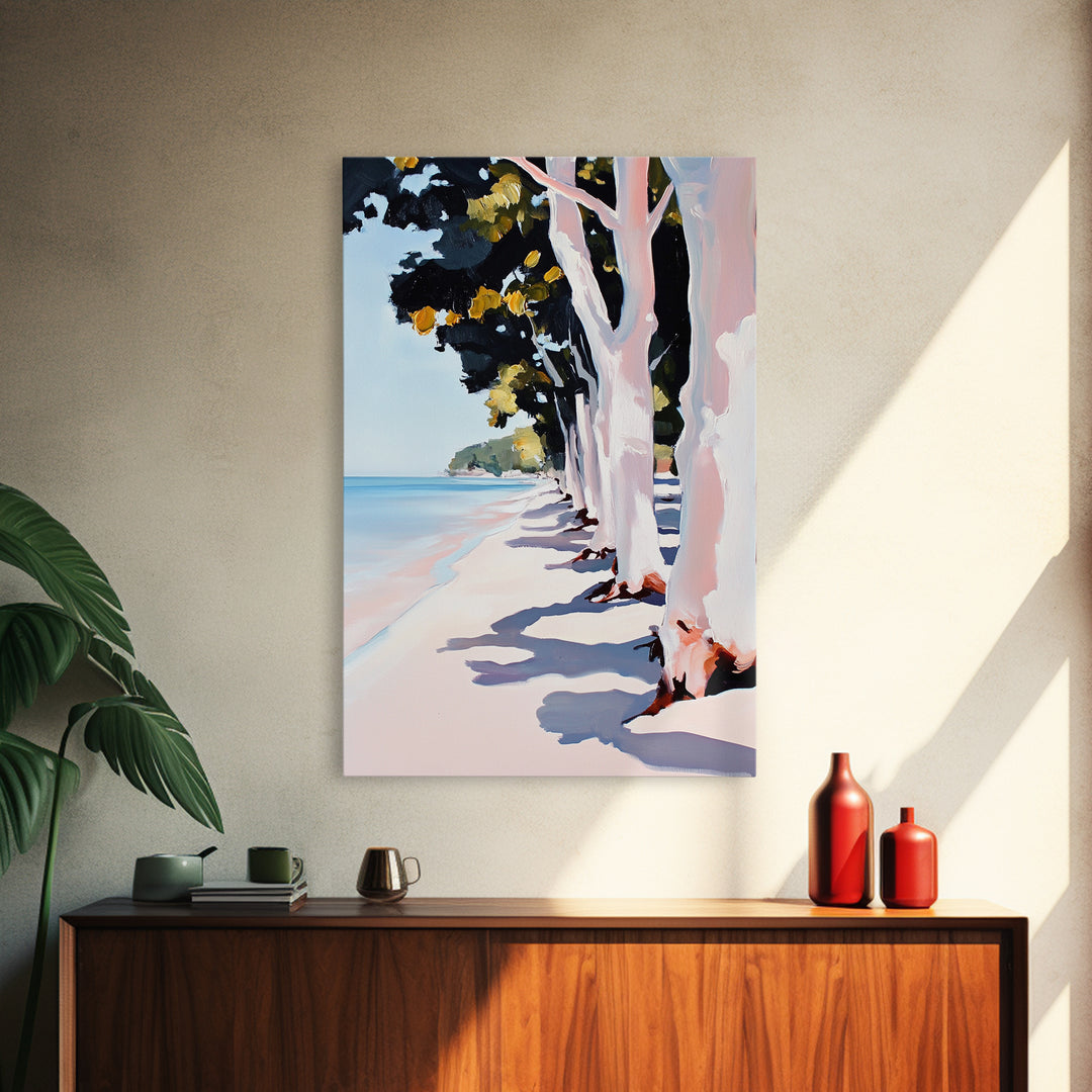 Coastal, Beach Path, Tree Lined, Framed Canvas Print, Ocean View Wall Art, Relaxing Home Decor, Seaside Landscape, Nautical Aesthetic