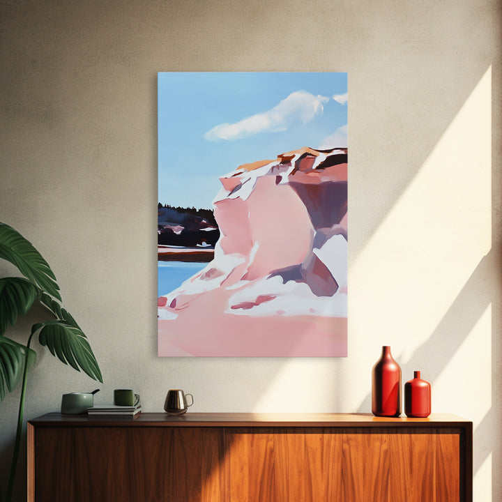 Pink Cliffs, Coastal Beauty, Ocean Landscape, Soft Pastel Art, Nature Inspired, Tranquil Scenery, Boho Wall Art, Framed Canvas Print