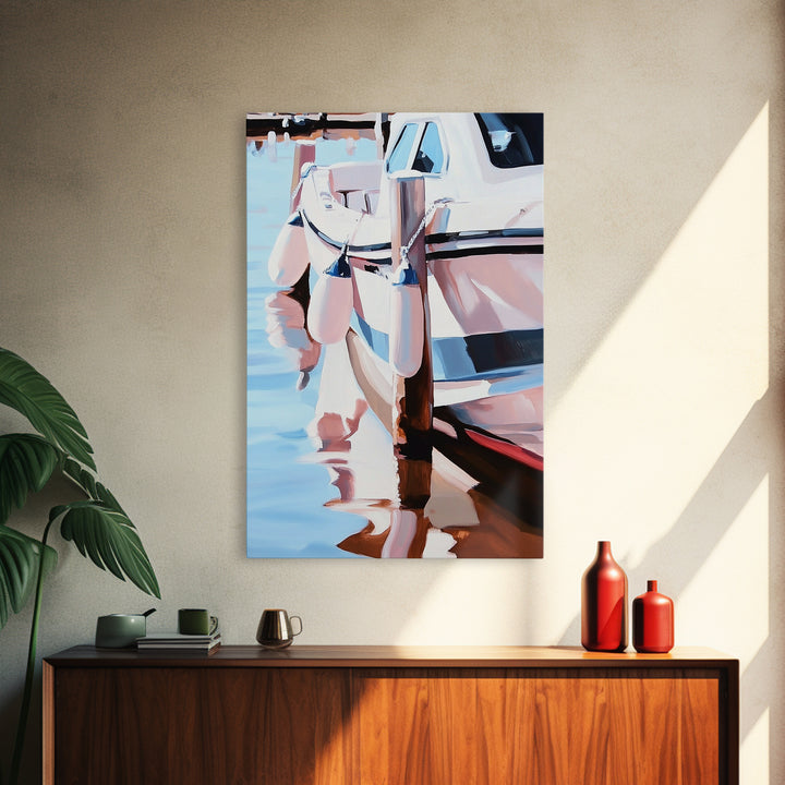 Docked Boat, Nautical Charm, Seaside Painting, Coastal Decor, Summer Vibes, Blue and White Art, Beach House Wall Art, Canvas Print