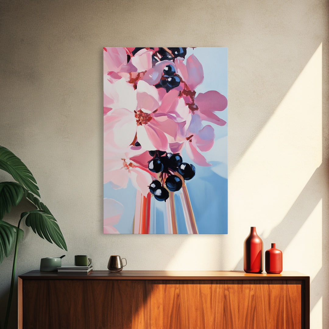 Blooming Flowers, Pink and Blue, Botanical Painting, Soft Aesthetic, Feminine Decor, Floral Home Art, Romantic Wall Art, Canvas Print