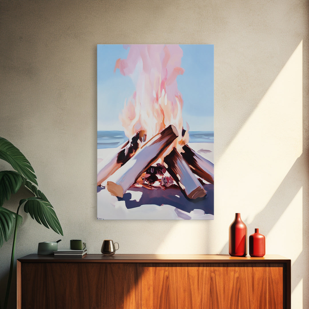 Beach Bonfire, Cozy Fire, Coastal Scene, Canvas Print, Warm Tones, Nautical Decor, Living Room Wall Art, Relaxing Nature Aesthetic