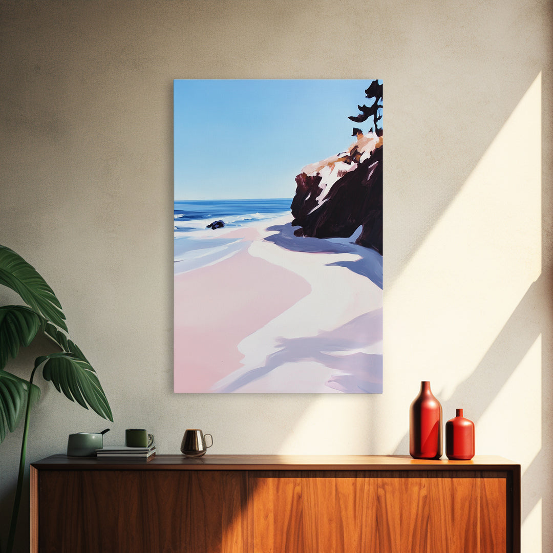 Beach View, Ocean Shore Art, Coastal Landscape Painting, Framed Canvas Print, Living Room Wall Art, Minimalist Seaside Decor