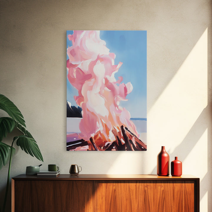 Billowing Smoke, Blazing Flames, Sunset Glow, Framed Canvas Print, Abstract Nature Art, Rustic Living Room Decor, Cozy Cabin Wall Art