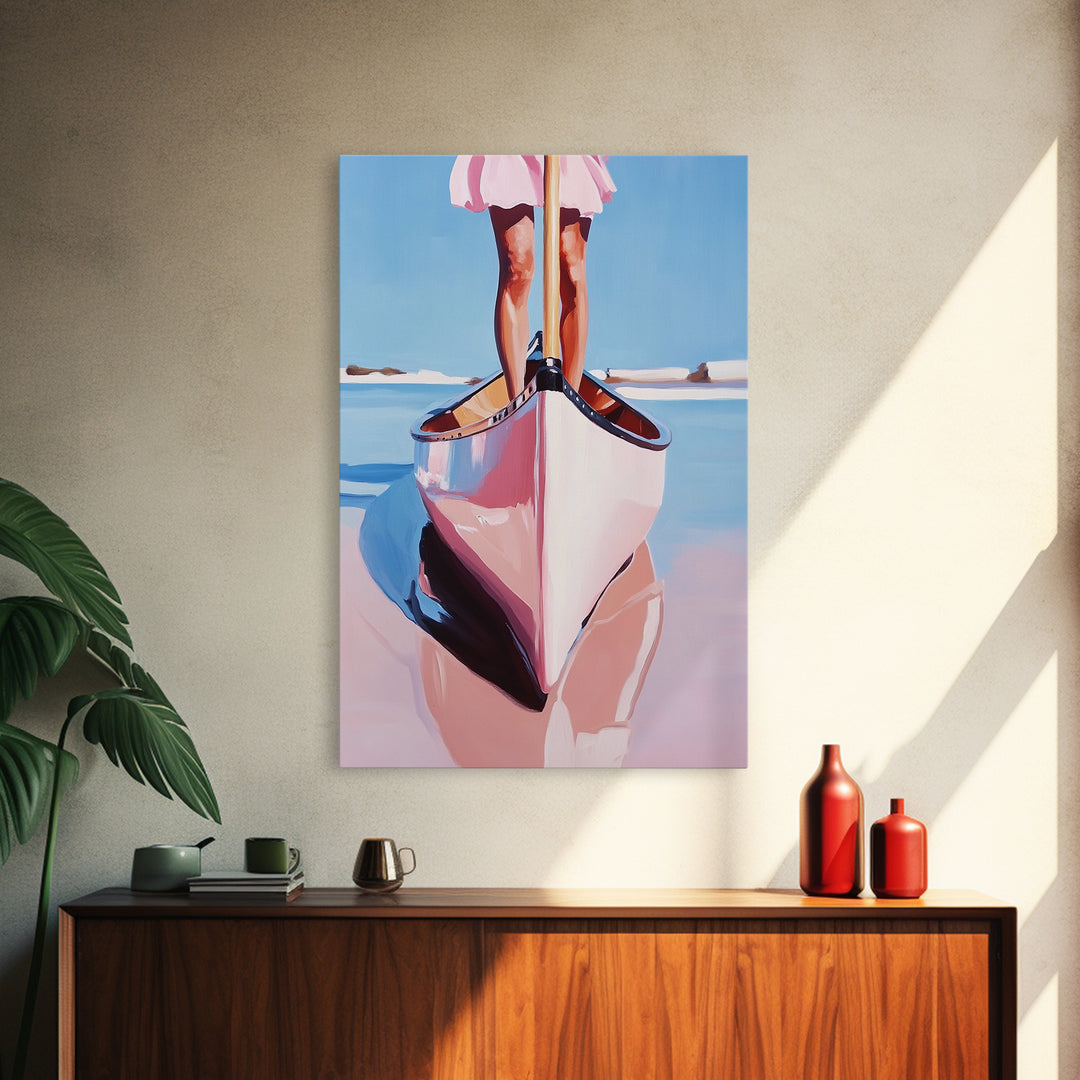 Pink Canoe, Girl, Reflection, Framed Canvas Print, Coastal Wall Art, Nautical Decor, Summer Aesthetic, Beach House Art, Boho Art