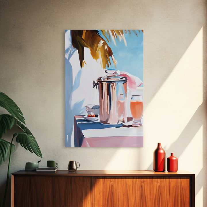 Beach Picnic, Palm Tree, Drinks, Framed Canvas Print, Summer Wall Art, Tropical Aesthetic, Kitchen Art, Coastal Home Decor, Boho Art