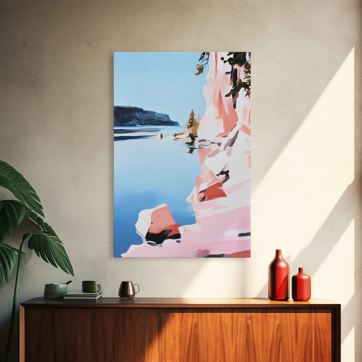 Cliffs, Water, Trees, Reflection, Framed Canvas Print, Nature Wall Art, Mountain Aesthetic, Lakehouse Decor, Minimalist Landscape