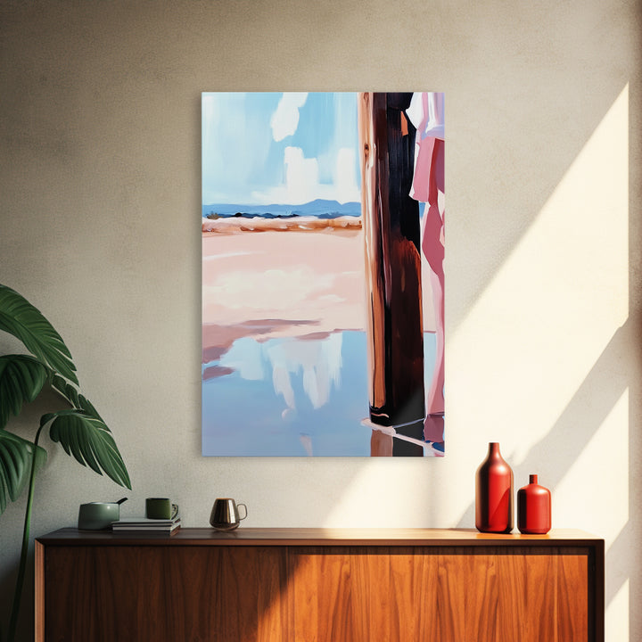 Coastal Fashion Art, Feminine Beach Scene, Pastel Summer Painting, Minimalist Boho Decor, Framed Canvas Print, Bedroom Wall Art