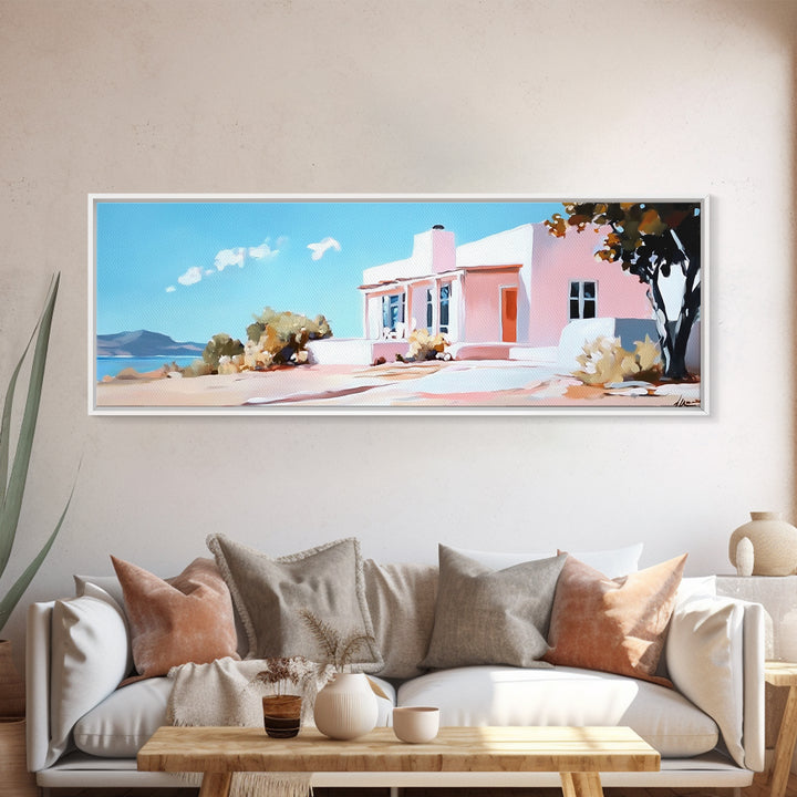 Coastal House, Summer Art, Beach Landscape, Framed Canvas Print, Mediterranean Wall Art, Minimalist Painting, Living Room Decoran Waves