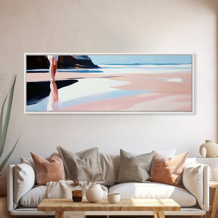 Coastal Stroll, Soft Pastel Beach, Minimalist Ocean Art, Canvas Print, Tranquil Shoreline, Boho Beach House Decor, Bedroom Wall Art