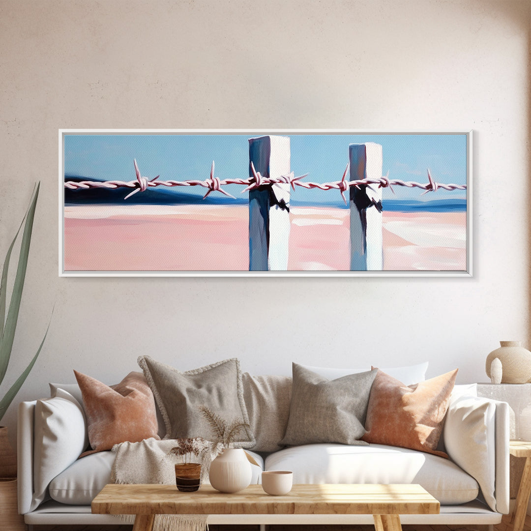 Beach Fence, Coastal Barrier, Ocean Landscape, Framed Canvas Print, Minimalist Seaside Art, Nautical Wall Decor, Summer Home Artwork