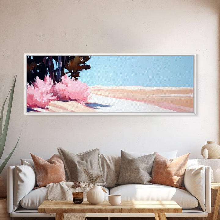 Desert Bloom, Minimalist Landscape, Soft Pastel Art, Tranquil Nature Scene, Canvas Print, Living Room Wall Art, Modern Boho Decor