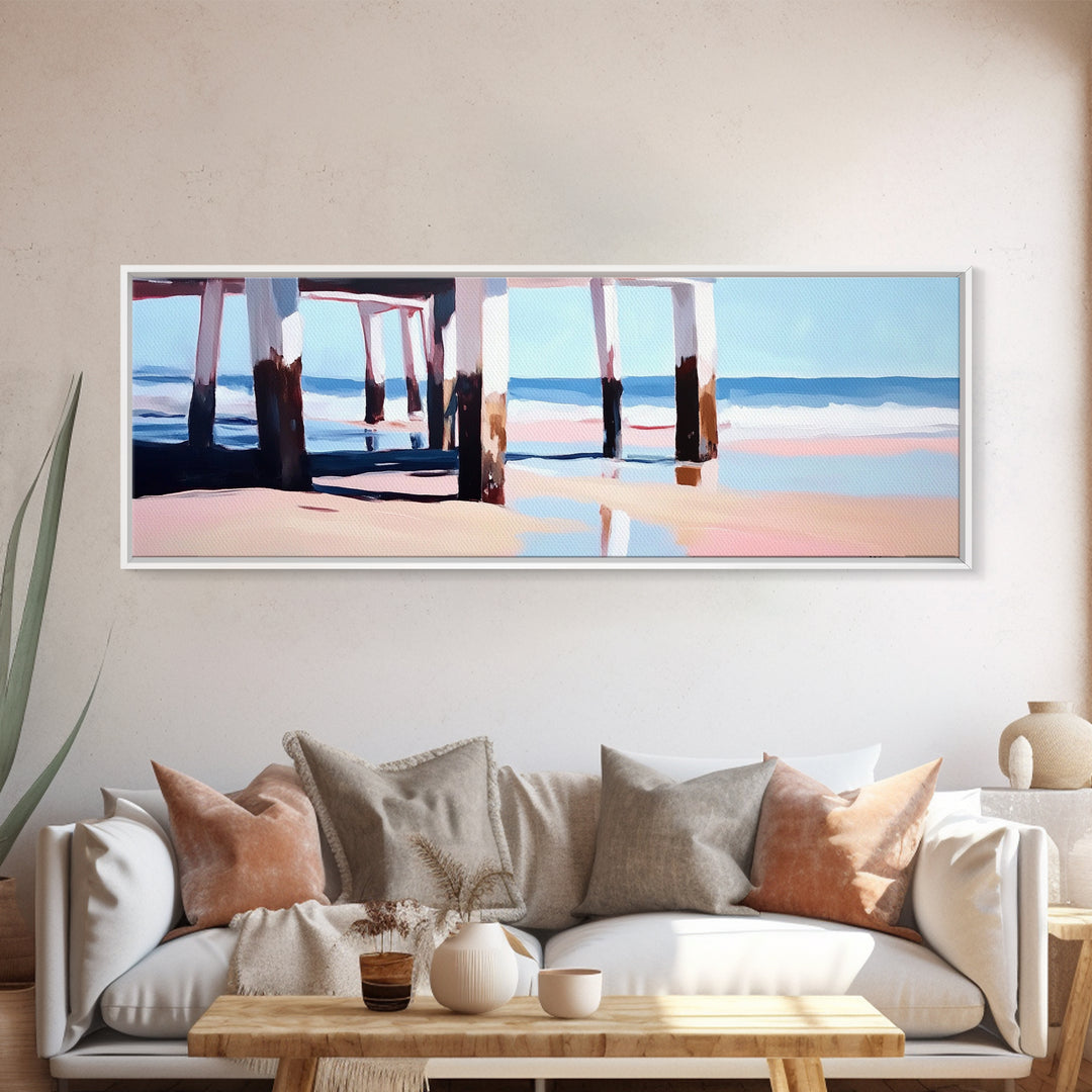 Beach Pier, Ocean Waves, Coastal View, Framed Canvas Print, Nautical Wall Art, Seaside Decor, Minimalist Beach House Art, Blue